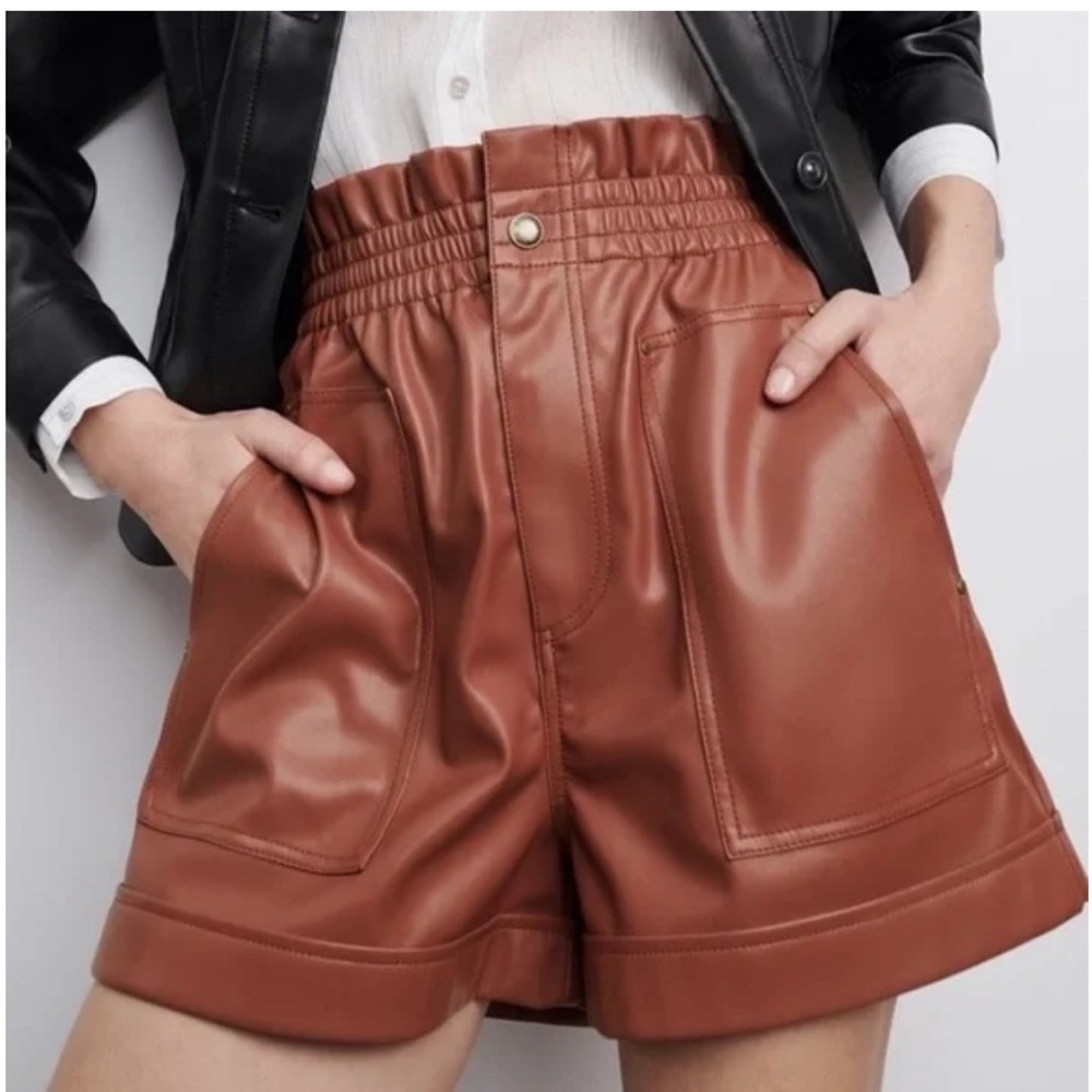 Zara High-Waisted Faux Leather Shorts - reddish brown